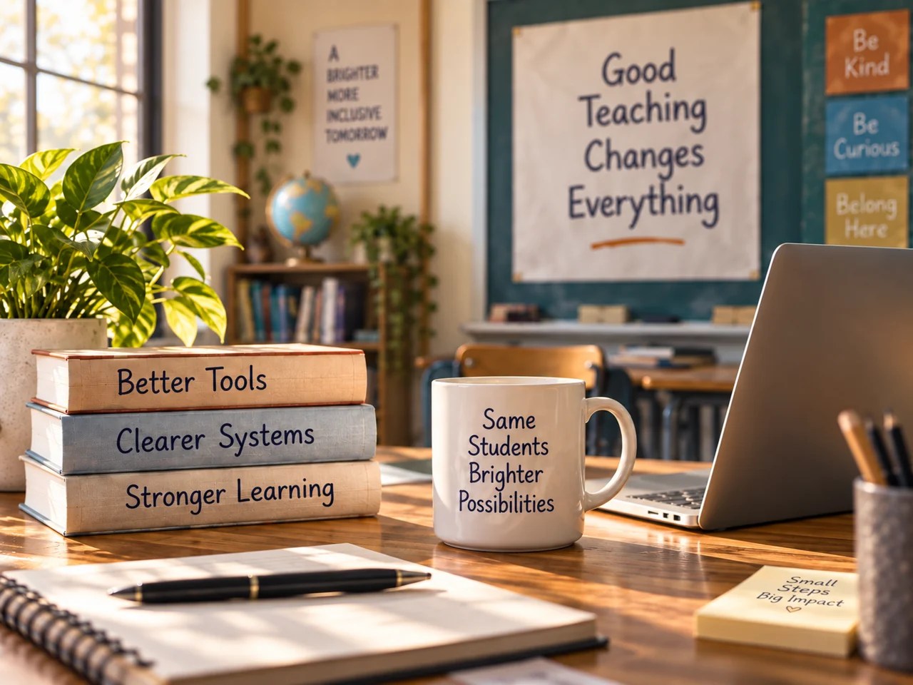 Illustration of a sunlit teacher workspace with a laptop, books, notebook, plant, and coffee mug.